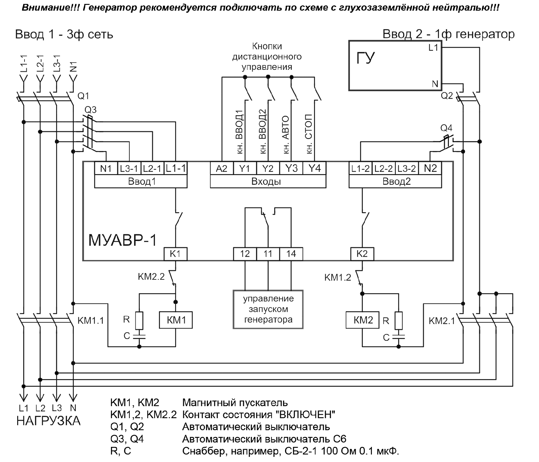Схема подключения МУАВР-1 ВВОД1-3ф сеть - ВВОД2-1ф генератор