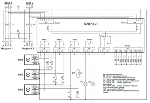 МАВР-3-21 Схема подключения нагрузки автоматическими выключателями с моторными приводами с объединённой нейтралью