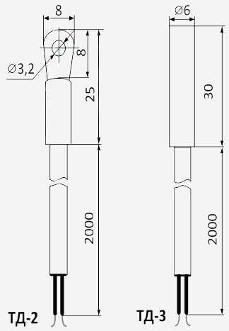 Габаритные размеры термодатчиков ТД-2 и ТД-3