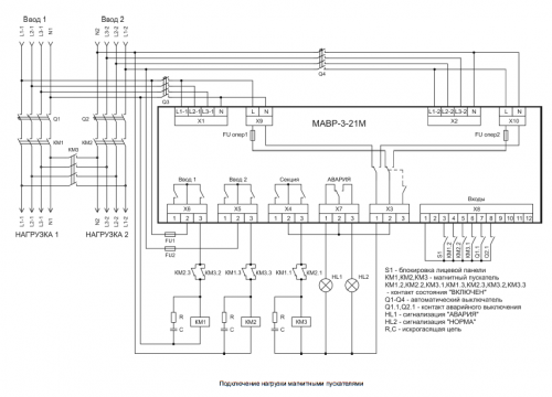 Схема подключения нагрузки  магнитными пускателями МАВР-3-21М
