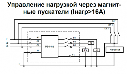 Схема подключения РВФ-02 - управление нагрузкой через магнитные пускатели (Iнагр>16А)